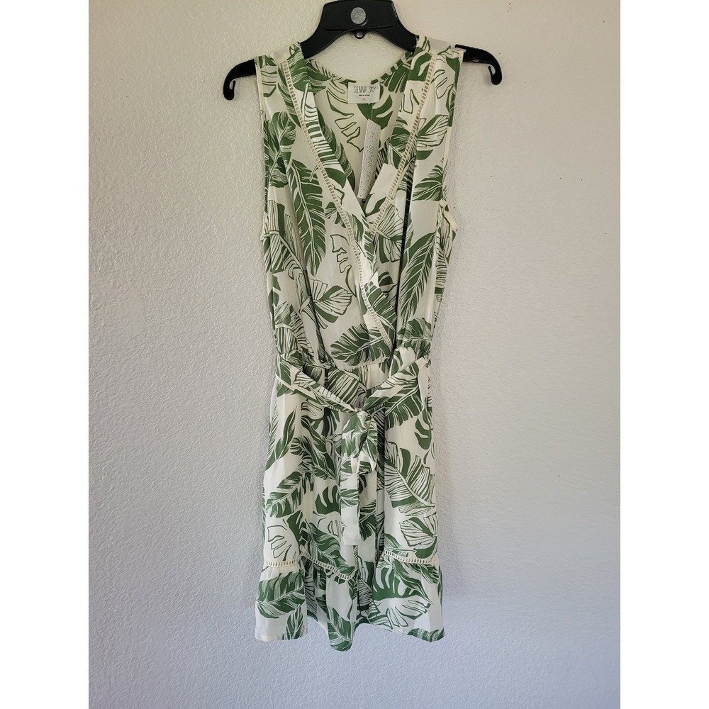 Sienna Sky Green White Tropical Palm Leaf Ruffle Wrap Dress M Sleeveless #20
